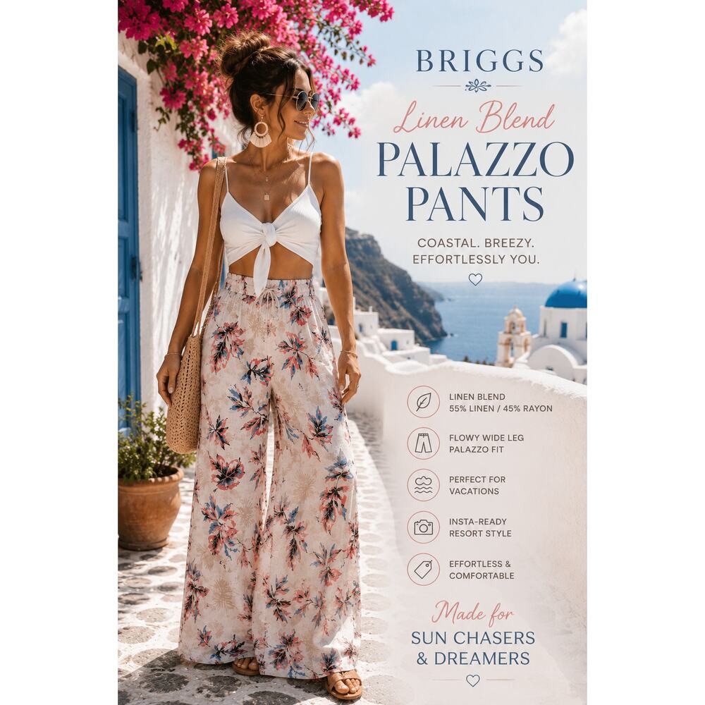 BRIGGS Linen Blend Palazzo Pants Coastal Tropical Resort Wide Leg L
